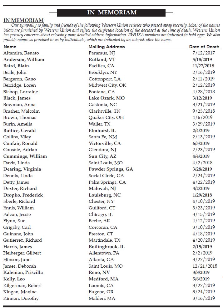 Q2 2019 Recent Deaths