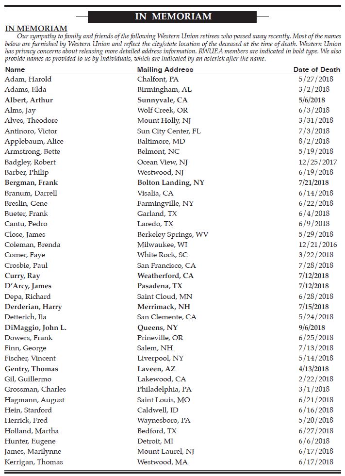 Q3 2018 Death List