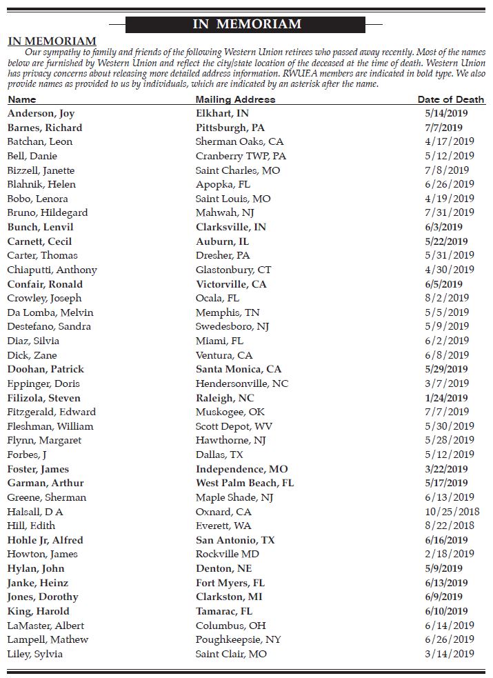 Q3 2019 Recent Deaths