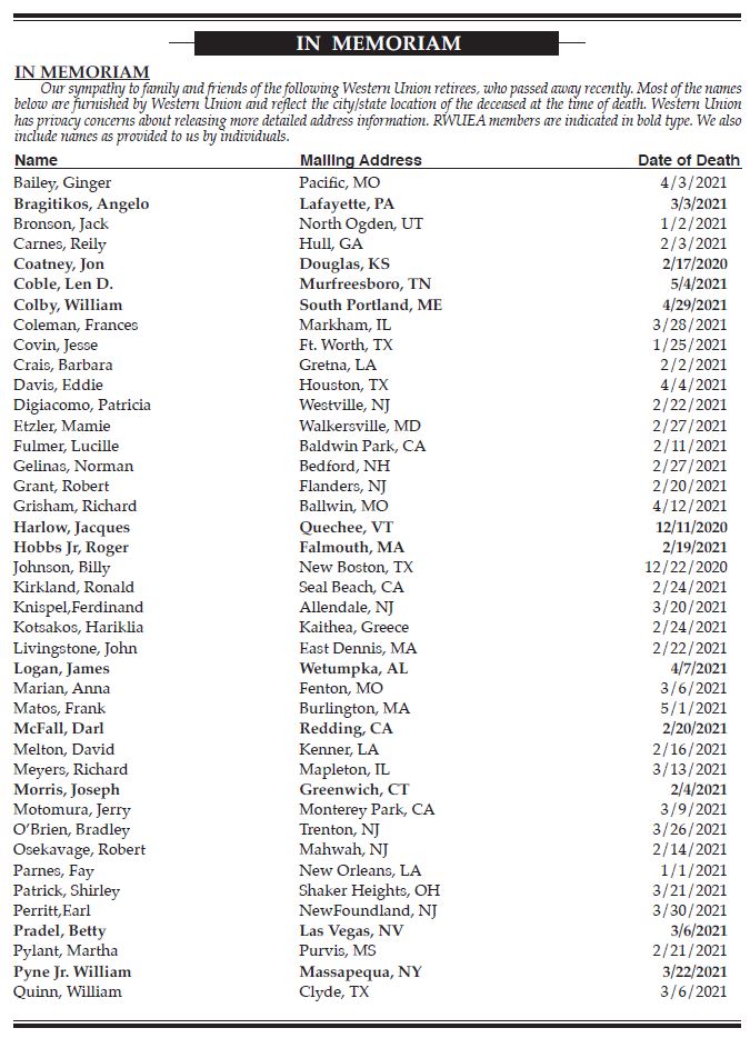 Q3 - 2021 Death List