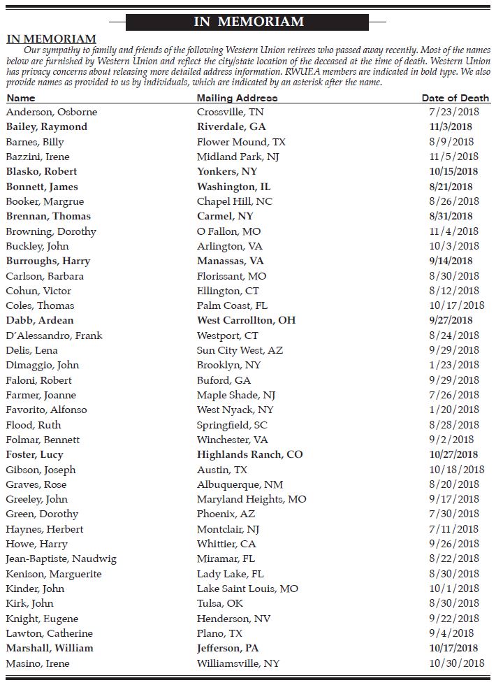 Q4 2018 Death List