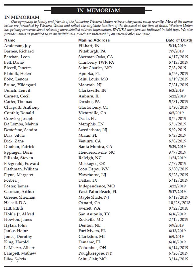 Q4 2019 Recent Deaths